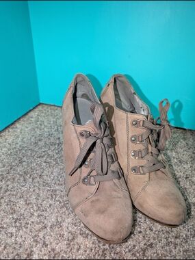 Limelight Taupe Suede Lace-Up Wedge Booties
